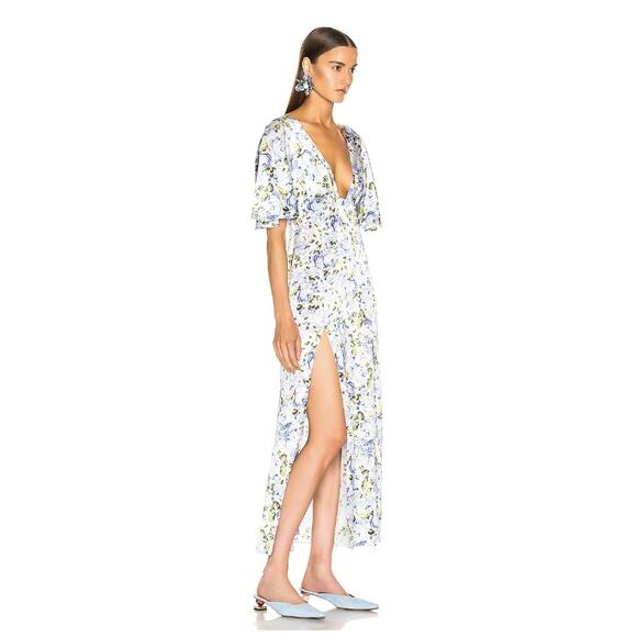 Les Reveries Silk Deep Neck Flutter Sleeve Midi Maxi Dress | Blue Floral | SZ 4 - Picture 3 of 11
